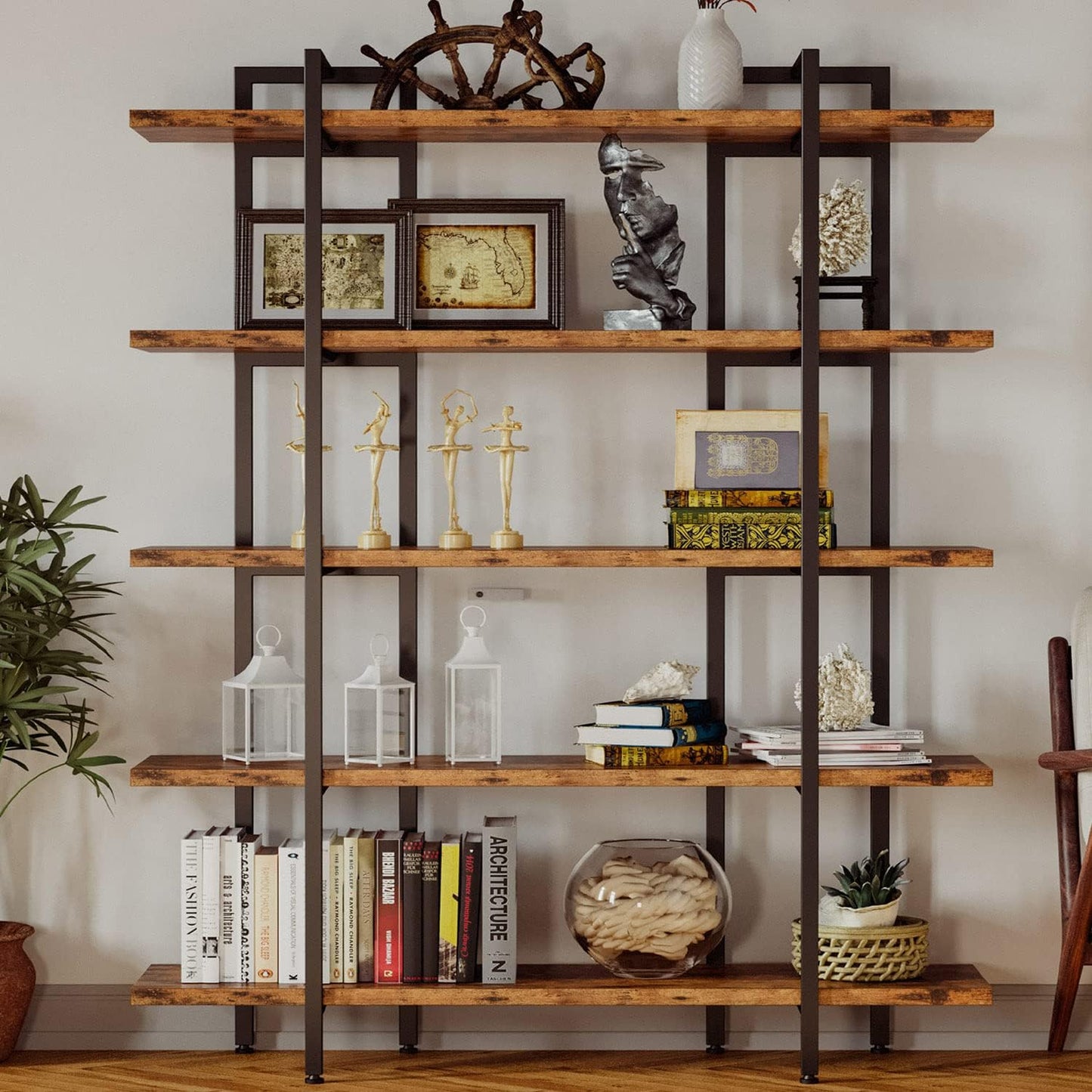 ComfyCorner Industrial Bookshelf 5 Tiers, Large Open Etagere Shelves, 71.2" H x 53.1" L