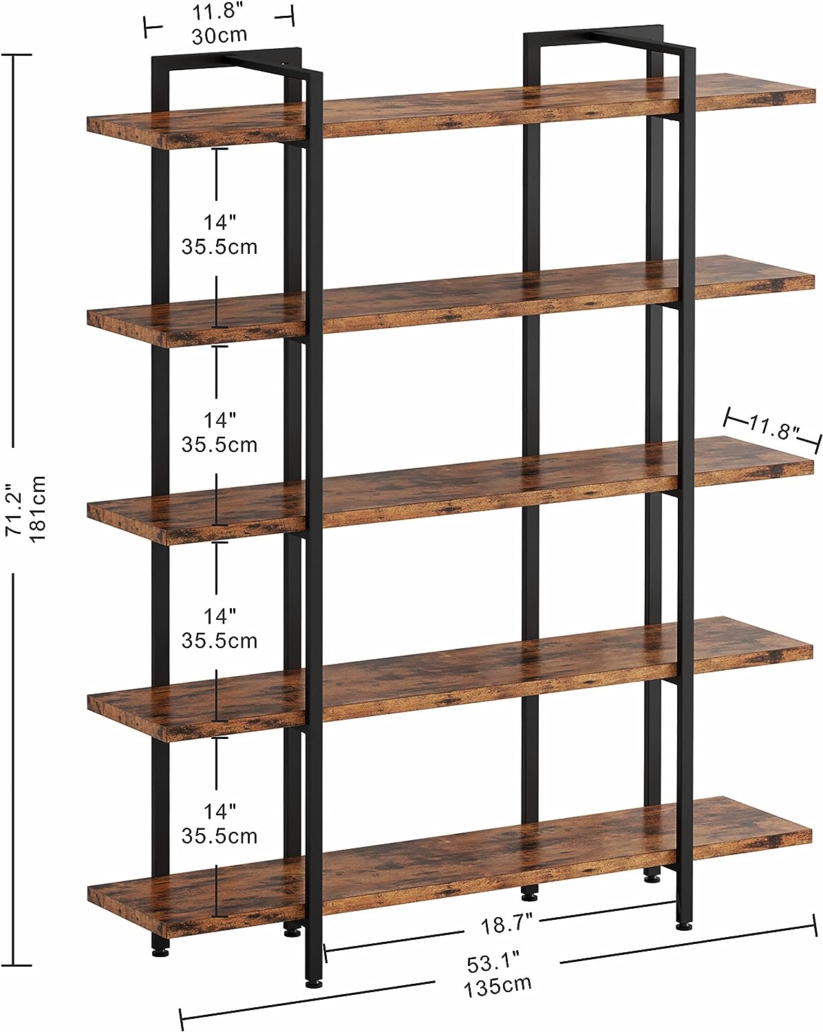 ComfyCorner Industrial Bookshelf 5 Tiers, Large Open Etagere Shelves, 71.2" H x 53.1" L